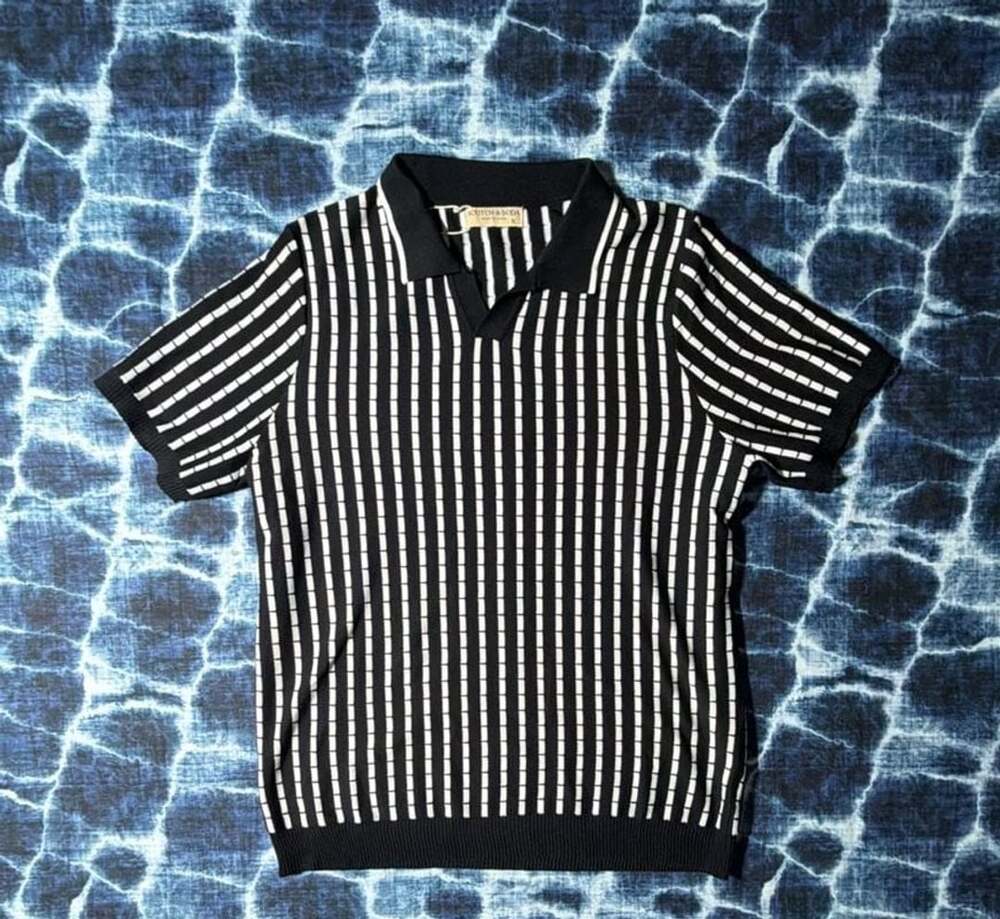 Scotch & Soda Short-Sleeve Striped Johnny Collar Sweater Size XL